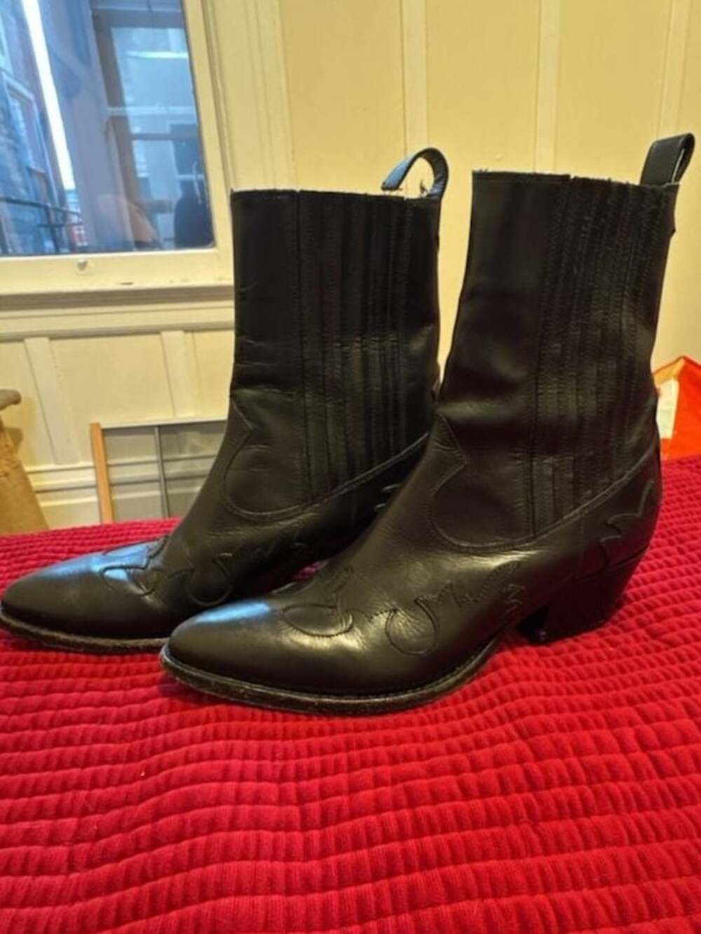 Barneys New York Black Leather Western Cowboy Ankle Booties